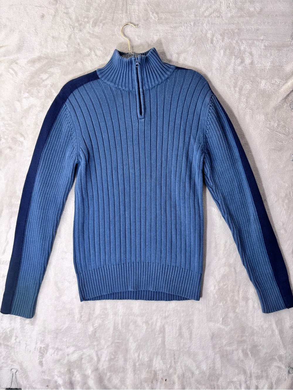 American Rag Cie Sweater Men’s Large Rib Knit Quarter Zip Blue Mock Neck Stretch